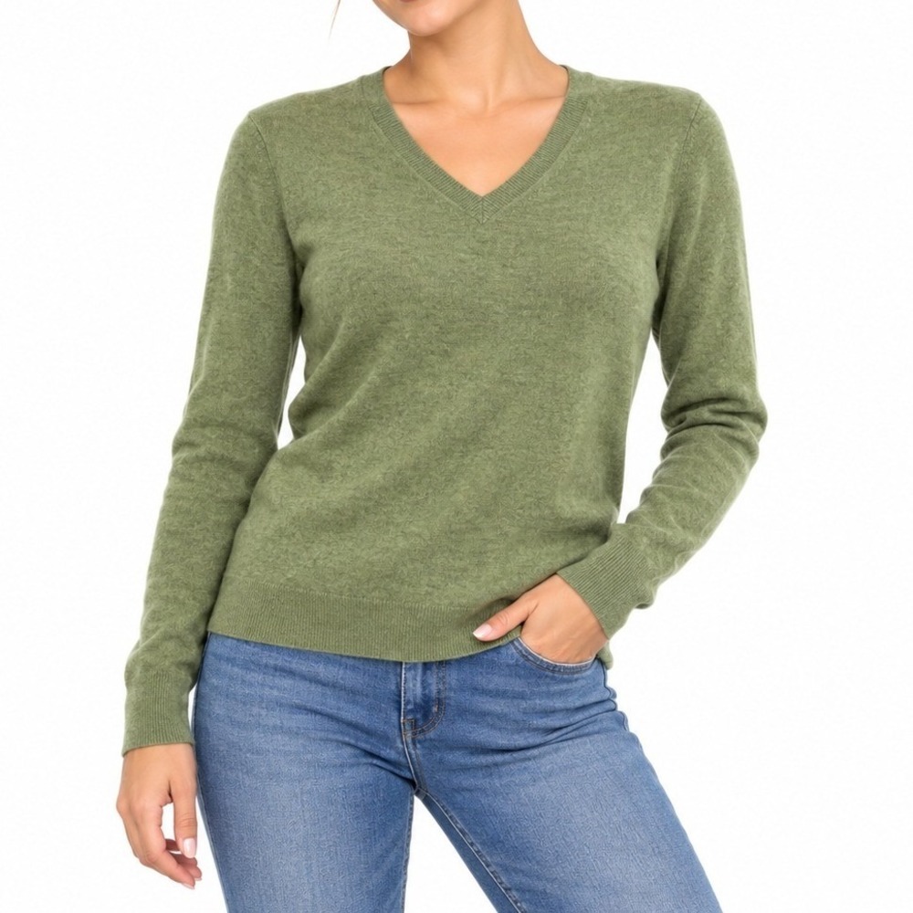 Tahari Sweater Women Medium Green V-Neck 100% Cashmere 2-Ply Knit Pullover Soft